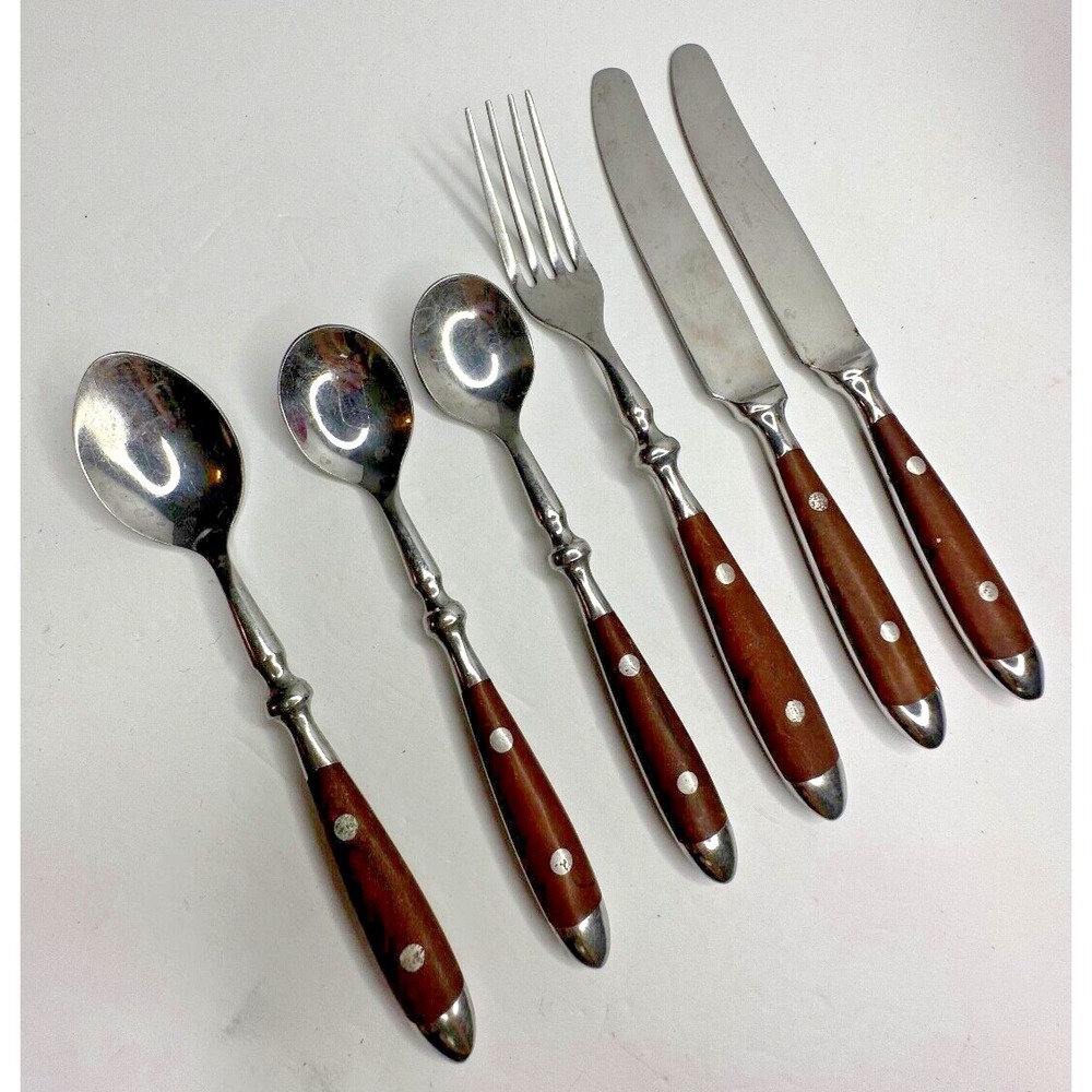 Cambridge Wood Handle Stainless Flatware Fork Spoon Knife Set 6 pc Replacement